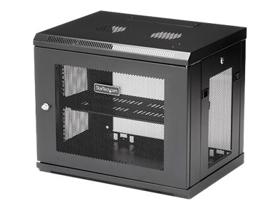 StarTech.com 2 Post 9U 19\" Wall Mount Network Cabinet, Adjustable Depth 6-15\" Locking IT Switch Depth Enclosure, Vented Computer/Electronics Equipment Data Rack w/ Shelf + Hook & Loop Tape - 19 Inch Wall Cabinet (RK9WALM) - Rack enclosure cabinet - wall mountable - black - 9U