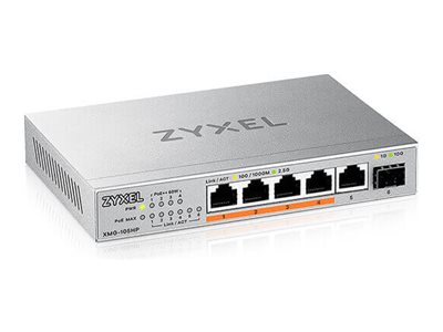 Zyxel XMG-100 Series XMG-105HP - Switch - unmanaged - unmanaged - 5 x 100/1000/2.5G (PoE++) + 1 x Gigabit SFP / 10 Gigabit SFP+ - desktop, wall-mountable - PoE++ (70 W)