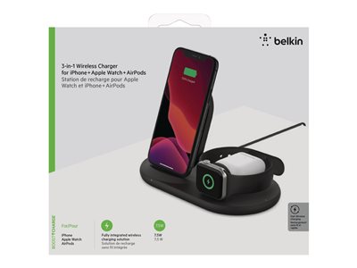 Belkin BoostCharge - Wireless charging stand - 7.5 Watt - black - for Apple AirPods, AirPods Pro, iPhone 11, 12, 7, 8, SE, X, XR, XS, XS Max, Watch